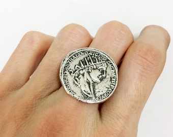 big silver coin ring, ancient roman silver coin ring,  sterling silver ring - gift for her, gift for mom,