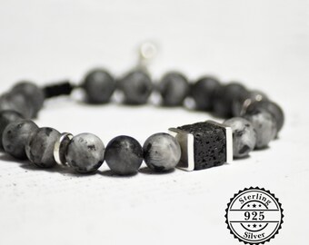 steling silver bracelet for men, black lava unisex bracelet, mens bracelet, gift for him, adjustable gemstone healing bracelet for boyfriend