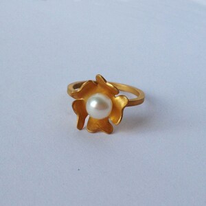 24K gold plated sterling silver white pearl flower ring silver pearl ring gold flower ring gold pearl ring fresh water pearl solitaire ring image 4