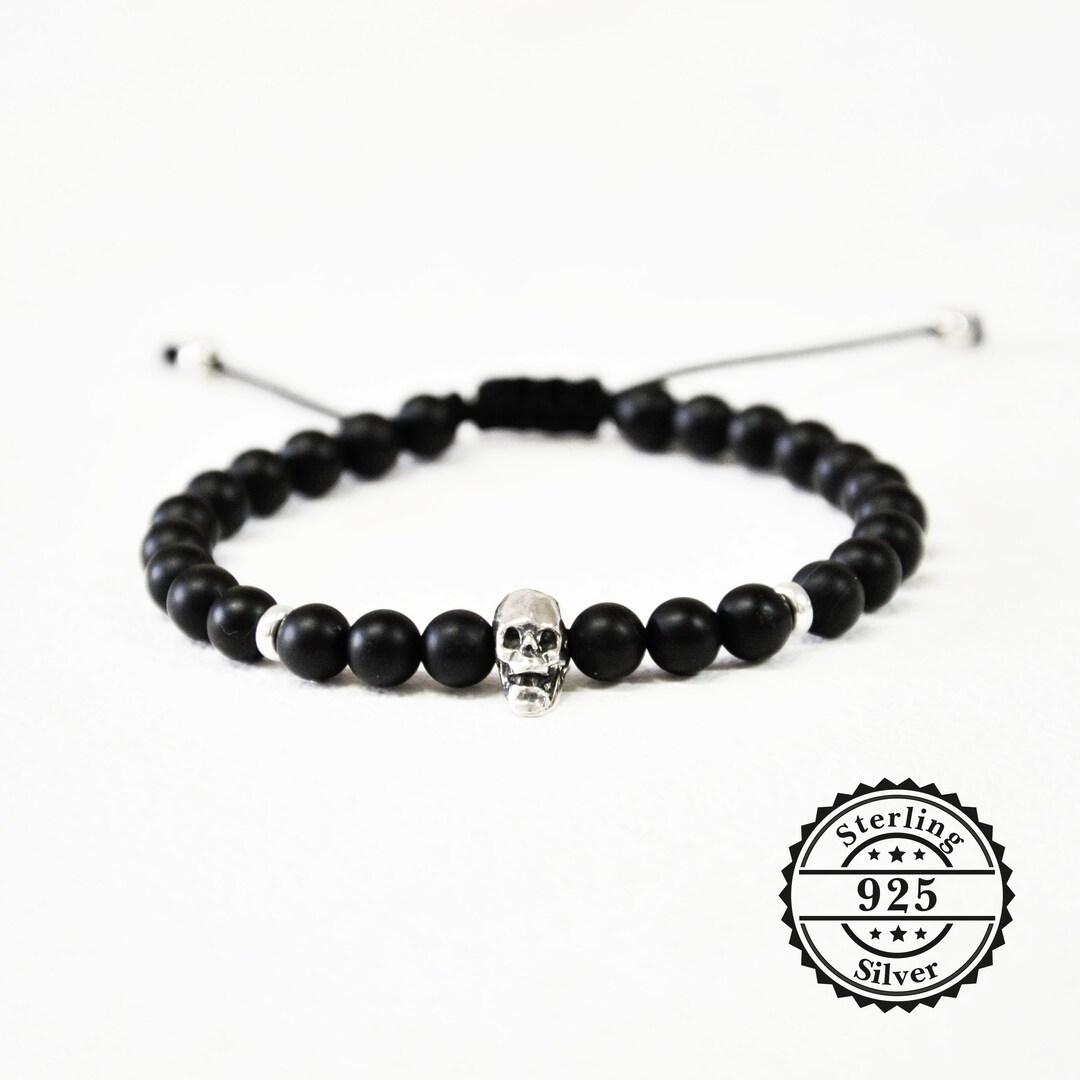 Matte Black Onyx Beaded Bracelet, Mens Silver Bracelet, Silver Skull