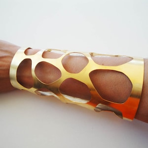 Big Gold Plated Bronze Cuff Bracelet, Statement Wide Gold Bangle, Handmade bold Organic Design, 24ct Gold Jewelry, Unique Gift for Women