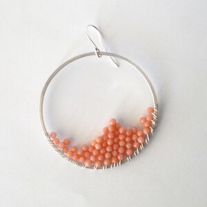 wire wrapped sterling silver hoop earrings pink peach coral beads image 2