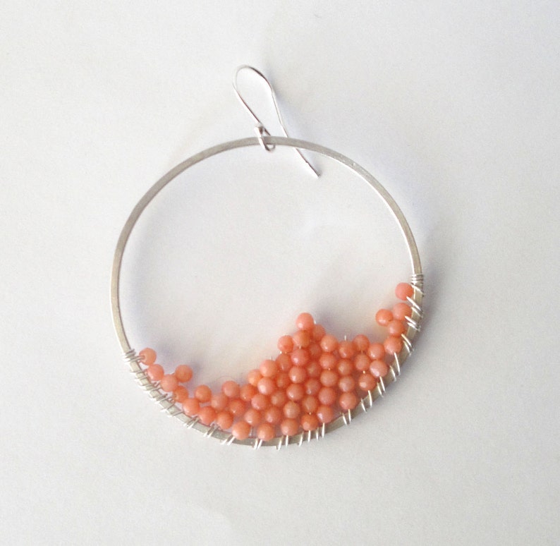 wire wrapped sterling silver hoop earrings pink peach coral beads image 2