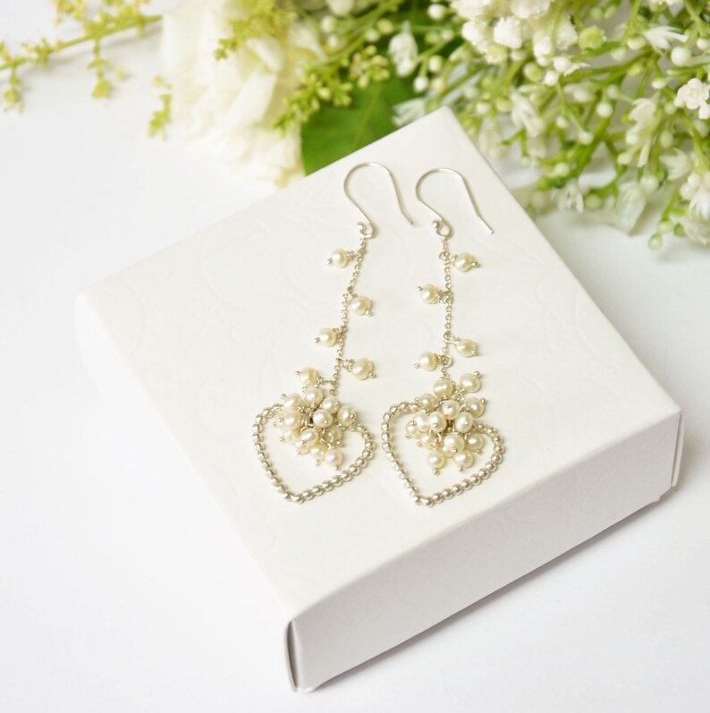 silver pearl bridal earrings, boho pearl wedding earrings, statement earrings, chandelier earrings, unique pearl bridal earrings boho bridal image 3
