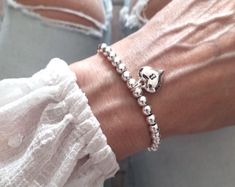 925 Sterling Silver Heart Initial Bracelet | Monogram Silver Stretched Beaded Jewelry | Adjustable Layered Silver Bead & Heart Charm Gift