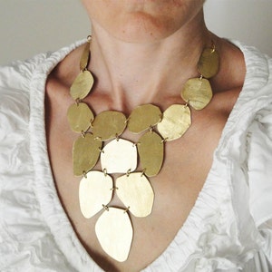 gold statement necklace,24Kt gold bib organic bronze necklace ,bib necklace,gold petal statement jewelry, statement organic necklace