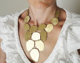 gold statement necklace,24Kt gold bib organic bronze necklace ,bib necklace,gold petal statement jewelry, statement organic necklace