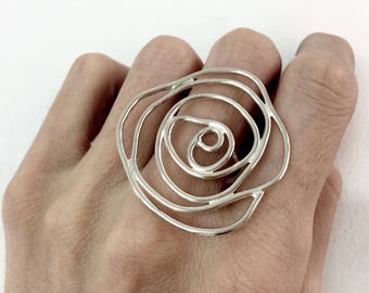 big silver statement ring big silver rose ring silver flower ring big silver ring shiny finish rough finish, gift for her, birthday gift