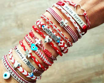friendship bracelet, μαρτάκια 2022, red white cord bracelets, handmade silver 925 bracelets, handwooven martakia bracelets ,silver 925 beads