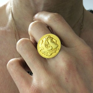gold coin ring, gift for her, gold plated greek coin ring, replica ancient greek coin ring, alexander the great gold statement coin ring