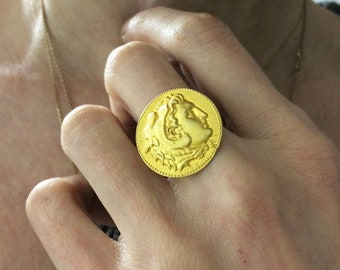 gold coin ring, gift for her, gold plated greek coin ring, replica ancient greek coin ring, alexander the great gold statement coin ring