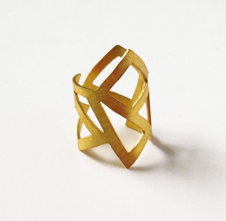 gold statement ring, gold geometry ring, architectural ring, gold plated bronze ring, adjustable ring, geometry ring, gold minimalist ring image 2
