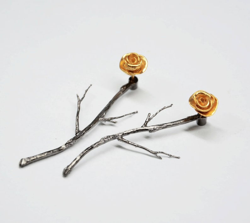 silver rose earjackets, rose gold ear jacket, silver branches earrings, roses earrings, front back earrings, rose studs flower gift for her image 5