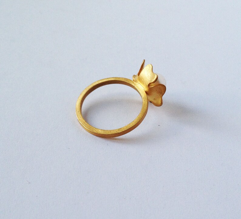 24K gold plated sterling silver white pearl flower ring silver pearl ring gold flower ring gold pearl ring fresh water pearl solitaire ring image 3