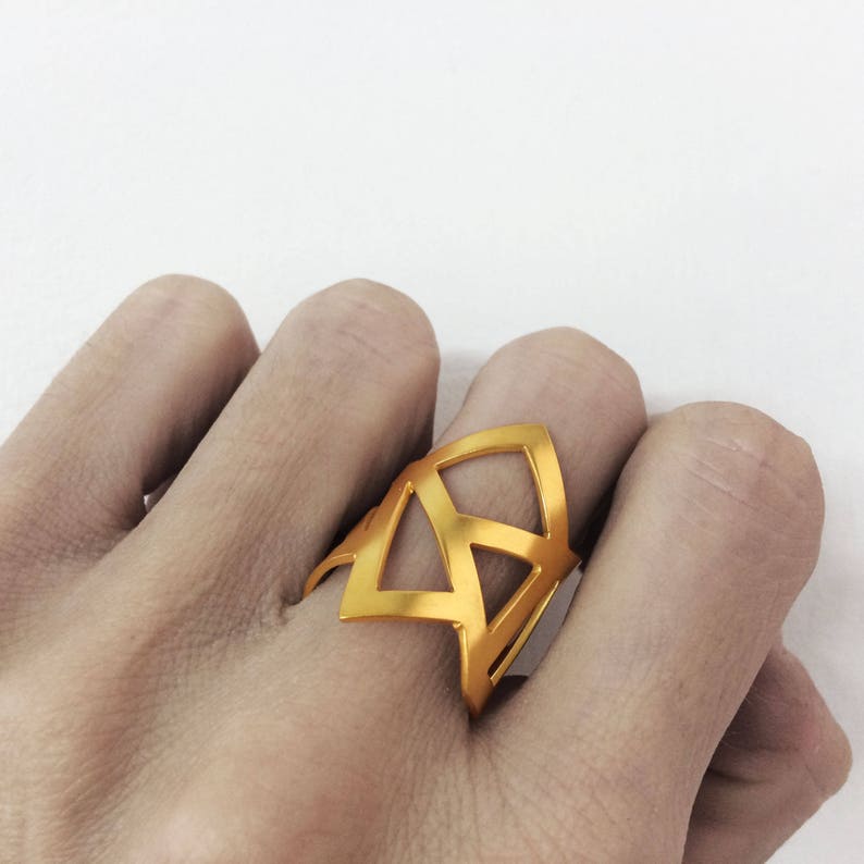gold statement ring, gold geometry ring, architectural ring, gold plated bronze ring, adjustable ring, geometry ring, gold minimalist ring image 6