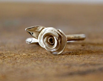 silver rose ring, silver twig ring, silver branch ring, sterling silver rose ring, silver leaf rose engagement ring, gift for her