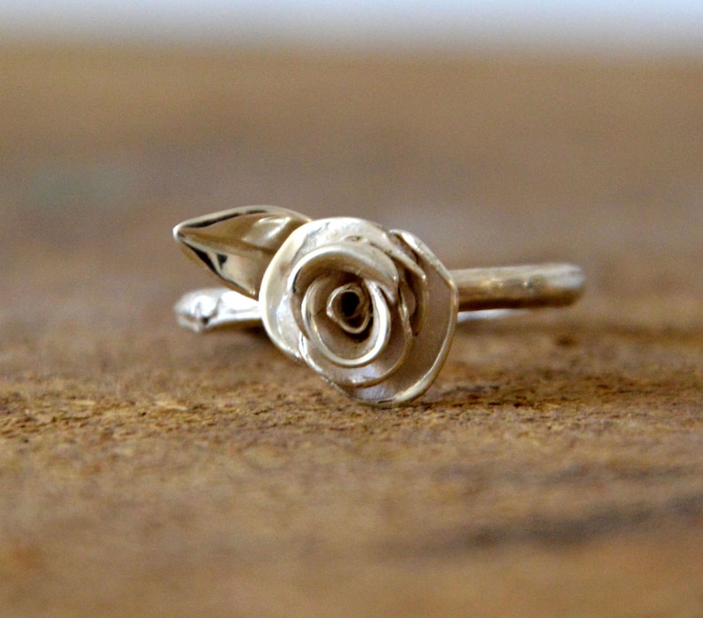 silver rose ring, silver twig ring, silver branch ring, sterling silver rose ring, silver leaf rose engagement ring, gift for her image 1