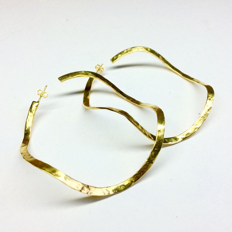 gold plated silver hoop earrings,statement hoops statement silver hoop earrings boho earrings gold wavy earrings large gold hoop earrings