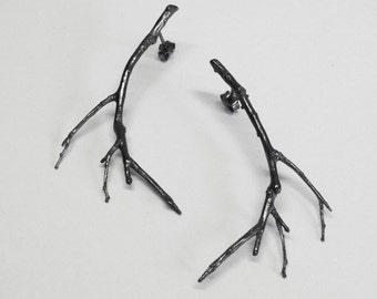 silver branch earrings, silver twig earrings, branch earrings, silver branches, black earrings, black rhodium plated earrings gift for her