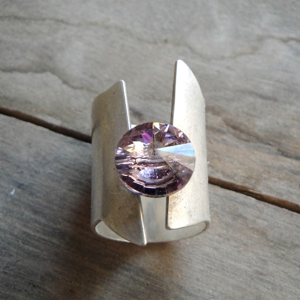 sterling silver statement ring, light amethyst purple swarovski element, february stone ring, statement jewelry, handmade statement ring