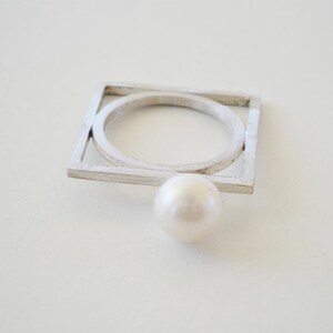 solitaire silver pearl ring,white pearl wedding ring, silver rectangle ring, fresh water pearl ring,geometry ring, architectural ring image 2