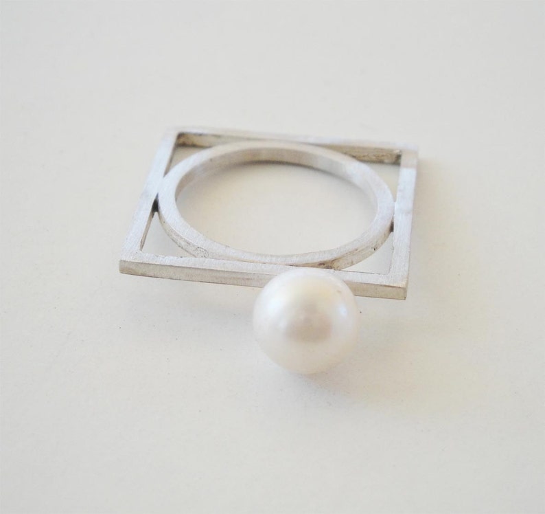 solitaire silver pearl ring,white pearl wedding ring, silver rectangle ring, fresh water pearl ring,geometry ring, architectural ring image 2