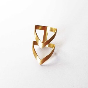 gold statement ring, gold chevron ring, gold plated bronze ring, statement ring, double V minimal ring, architectural ring, gift for her image 1