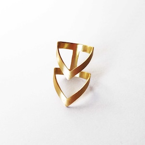 gold statement ring, gold chevron ring, gold plated bronze ring, statement ring, double V minimal ring, architectural ring, gift for her image 1