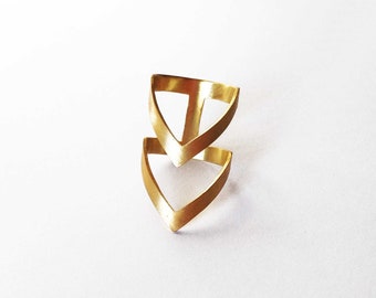 gold statement ring, gold chevron ring, gold plated bronze ring, statement ring, double V ring, architectural ring,gift for her