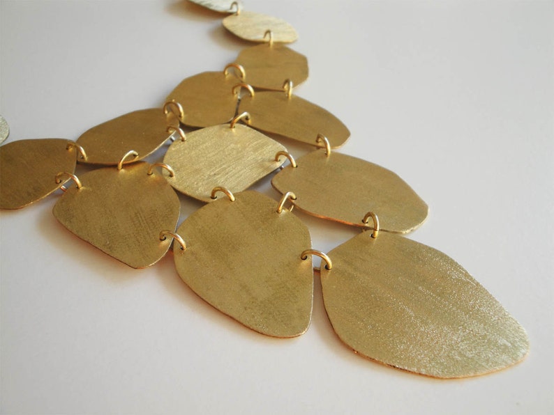 gold statement necklace,24Kt gold bib organic bronze necklace ,bib necklace,gold petal statement jewelry, statement organic necklace image 3