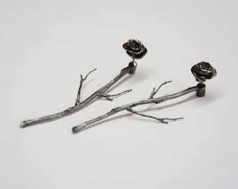 silver ear jackets, sterling silver rhodium plated rose earrings,silver branches earrings, silver rose ear studs,handmade gift for her