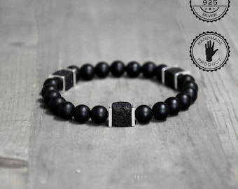 black onyx cube lava silver beaded bracelet, balance bracelet, mens healing bracelet, mens gift, adjustable gemstone bracelet for men