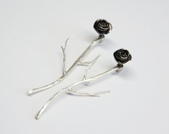 silver ear jackets, sterling silver black rhodium plated rose earrings,branches earrings,silver ear jackets,silver front back earrings