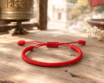 handcrafted Buddhist tibetan red bracelet -  budism lucky knots bracelet, adjustable woven unisex bracelet, meditation braided bracelet gift