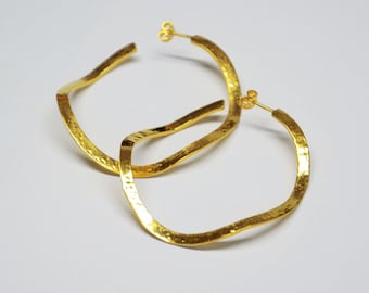 sterling silver 24 ct gold plated hammered medium organic hoops earrings