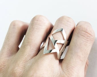 silver statement ring, geometry ring, architectural ring, contemporary ring, handmade minimalist ring, adjustable ring, triangle ring
