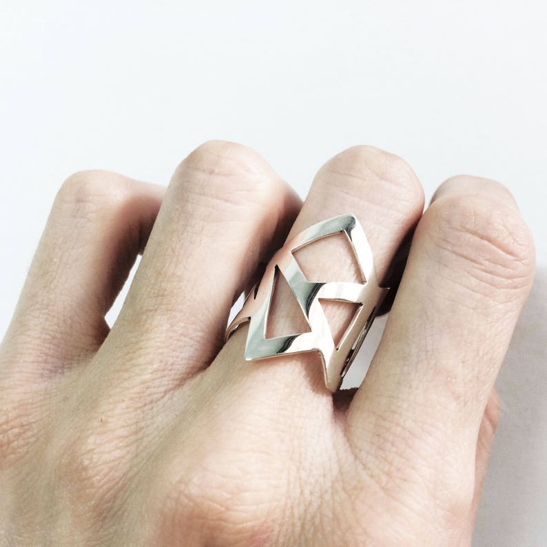 silver statement ring, geometry ring, architectural ring, contemporary ring, handmade minimalist ring, adjustable ring, triangle ring image 1