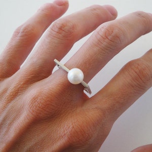 solitaire silver pearl ring,white pearl wedding ring, silver rectangle ring, fresh water pearl ring,geometry ring, architectural ring image 4