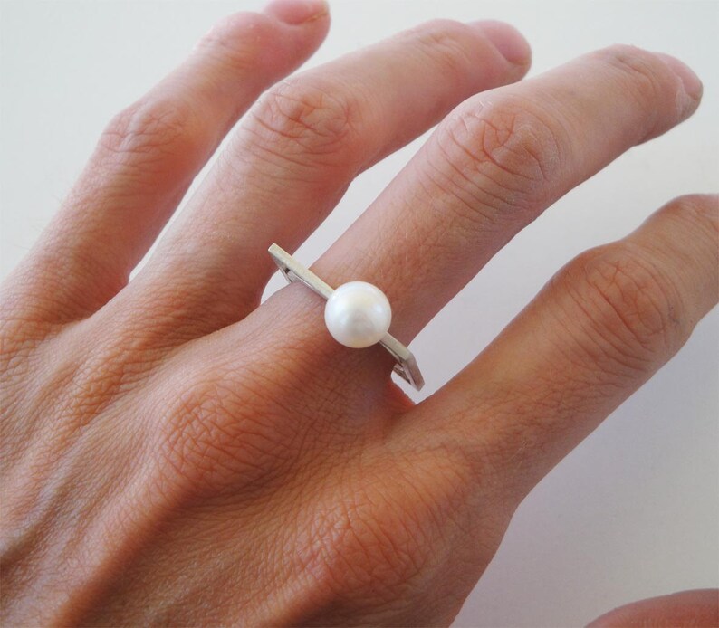 solitaire silver pearl ring,white pearl wedding ring, silver rectangle ring, fresh water pearl ring,geometry ring, architectural ring image 4