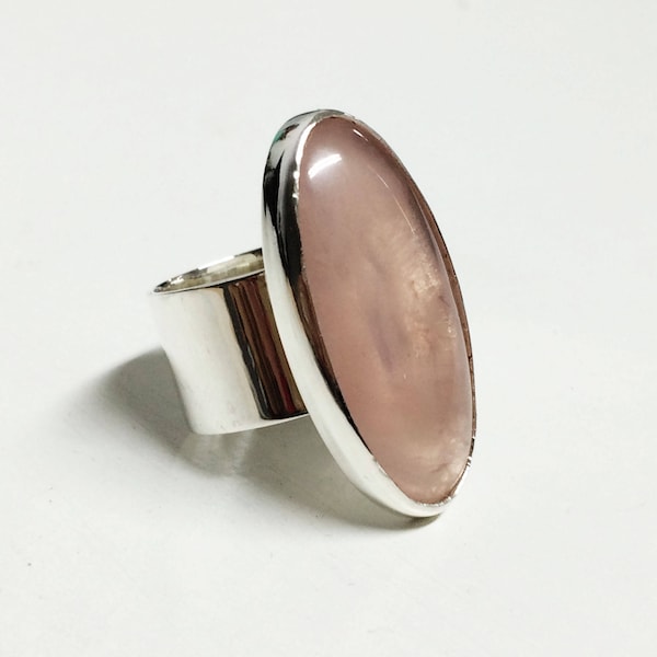 925 sterlingzilveren stenen ring, licht lichtroze ovale kwarts grote stenen ring, edelsteenring, natuurlijke kwarts stenen ring, ovale stenen ring