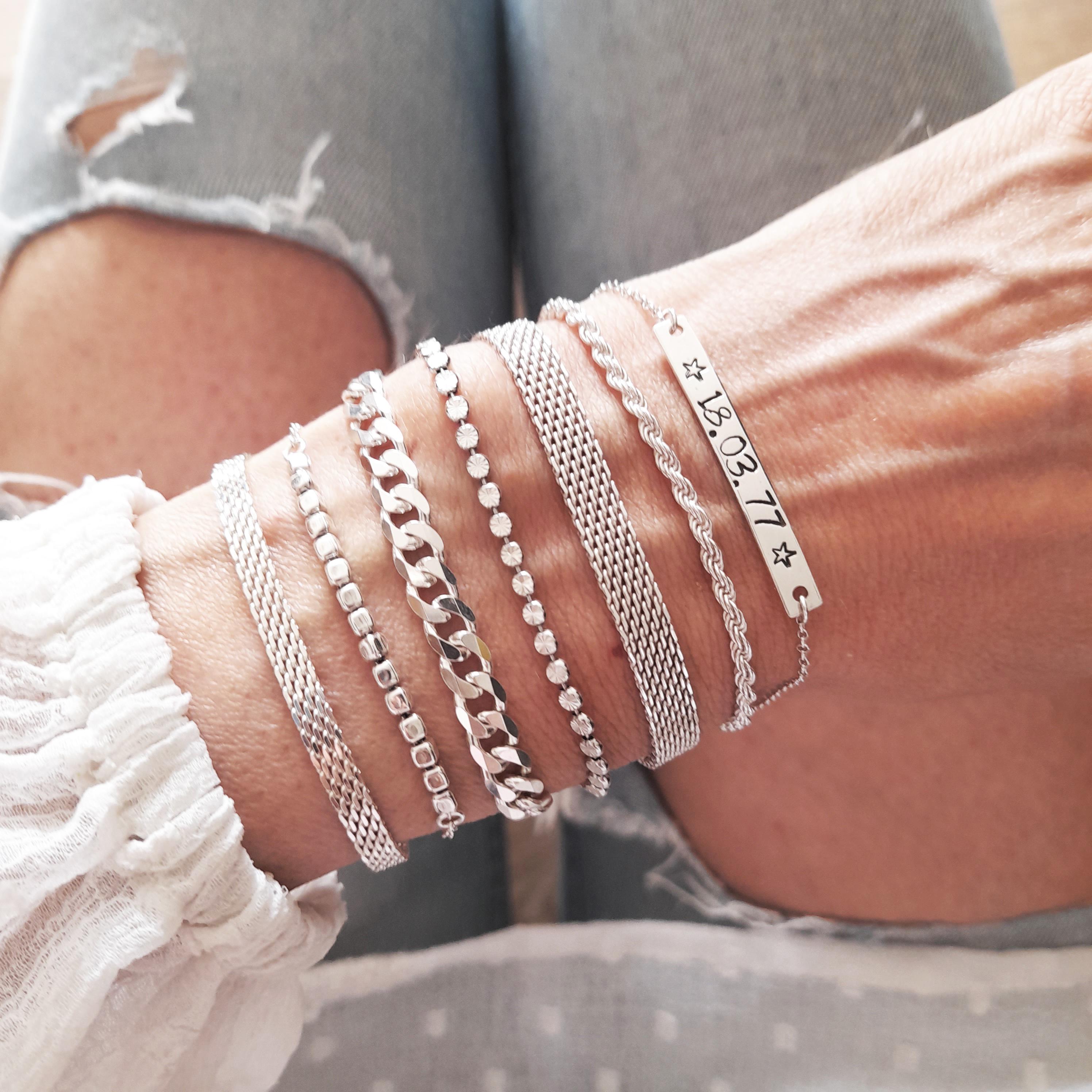Sterling Silver Flat Chain Bracelet, Wide Flat Unisex Bismark