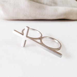 Anillo de cruz de plata de ley 925 hecho a mano - Anillo de plata doble para dos dedos - Anillo grande de plata con declaración - Anillo de plata para varios dedos, regalo para ella