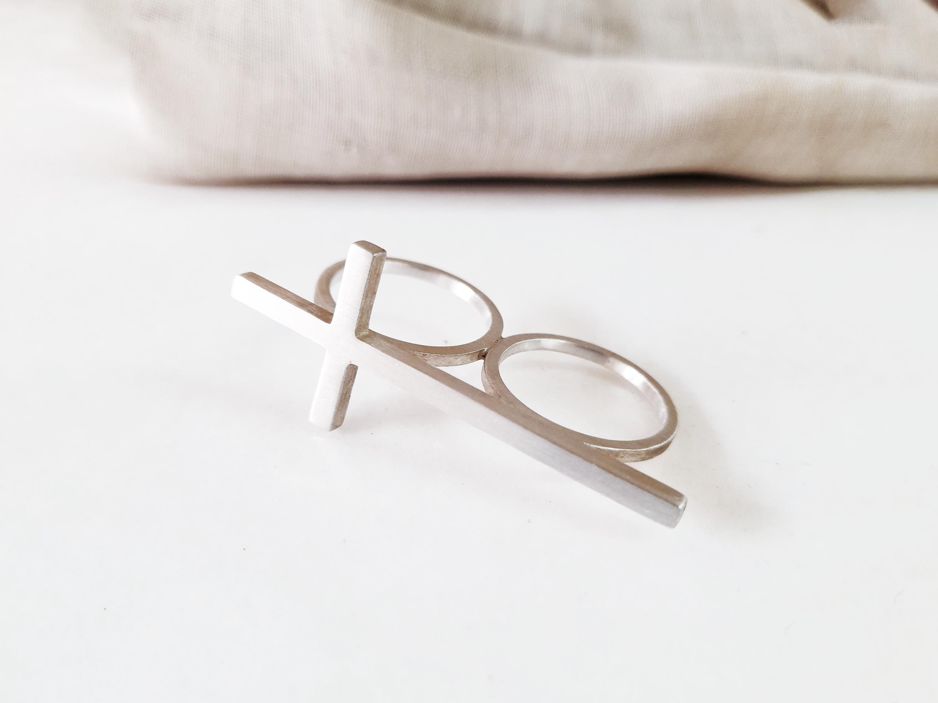 Handmade 925 Sterling Silver Cross Ring - Double Two Finger Silver