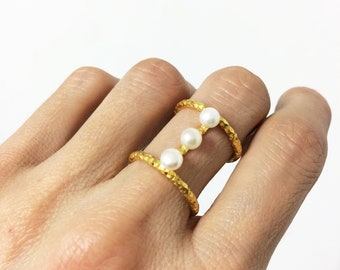 gold statement ring, gold pearl ring, gold plated silver ring, statement ring, minimal gold cage ring, architectural ring, elegant ring