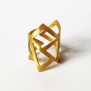 gold statement ring, gold geometry ring, architectural ring, gold plated bronze ring, adjustable ring, geometry ring, gold minimalist ring image 1