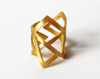 gold statement ring, gold geometry ring, architectural ring, gold plated bronze ring, adjustable ring, geometry ring, gold minimalist ring