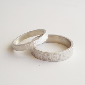 silver wedding rings set, handmade silver wedding band set, 5mm and 3mm satin finish wedding ring, hammered wedding bands, custom made bands image 1
