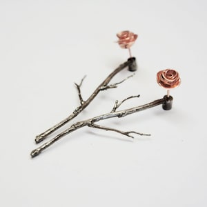 silver rose earjackets, rose gold ear jacket, silver branches earrings, roses earrings, front back earrings, rose studs flower gift for her image 1