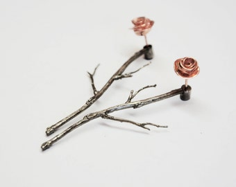 silver rose earjackets, rose gold ear jacket,  silver branches earrings, roses earrings, front back earrings, rose studs flower gift for her