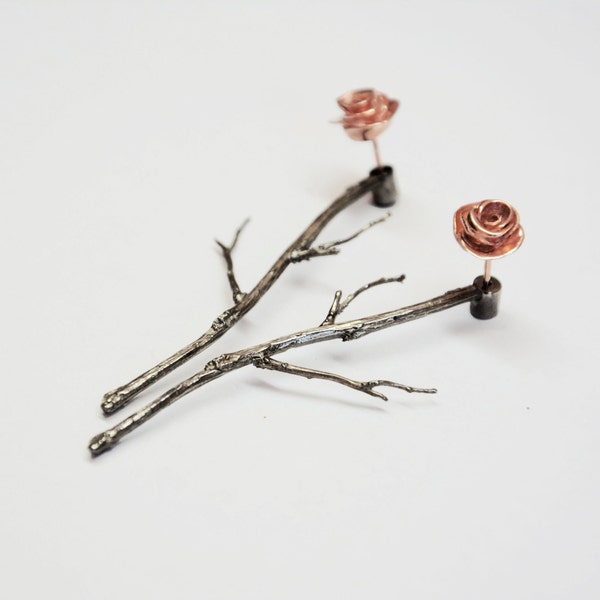 silver rose earjackets, rose gold ear jacket,  silver branches earrings, roses earrings, front back earrings, rose studs flower gift for her